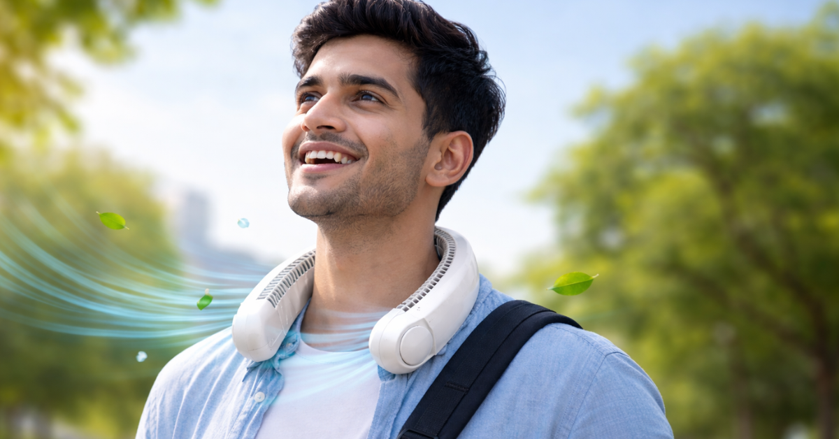 Neck Fan 2026 नेक फैन पहनकर गर्मी में ठंडी हवा का आनंद लेते व्यक्ति