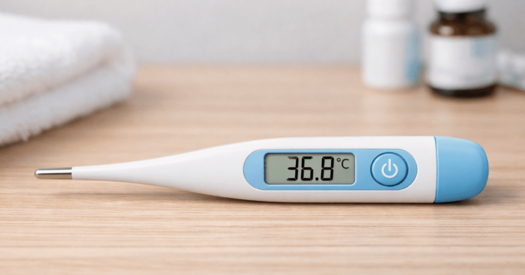 Digital Thermometer से शरीर का तापमान मापते हुए