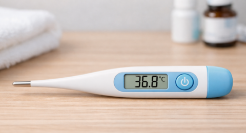 Digital Thermometer से शरीर का तापमान मापते हुए
