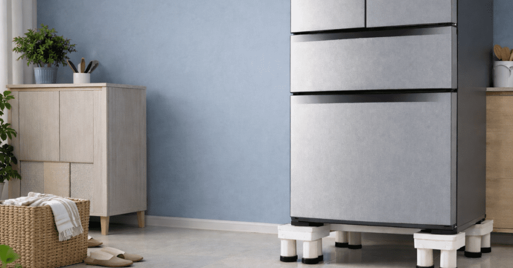 Refrigerator Buying Guide के लिए फ्रिज स्टैंड पर रखा हुआ आधुनिक फ्रिज