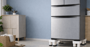 Refrigerator Buying Guide के लिए फ्रिज स्टैंड पर रखा हुआ आधुनिक फ्रिज