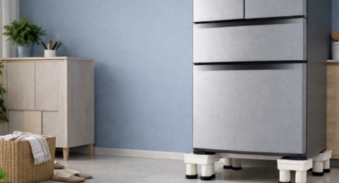 Refrigerator Buying Guide के लिए फ्रिज स्टैंड पर रखा हुआ आधुनिक फ्रिज