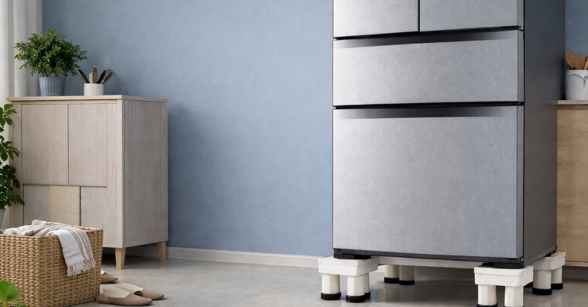 Refrigerator Buying Guide के लिए फ्रिज स्टैंड पर रखा हुआ आधुनिक फ्रिज