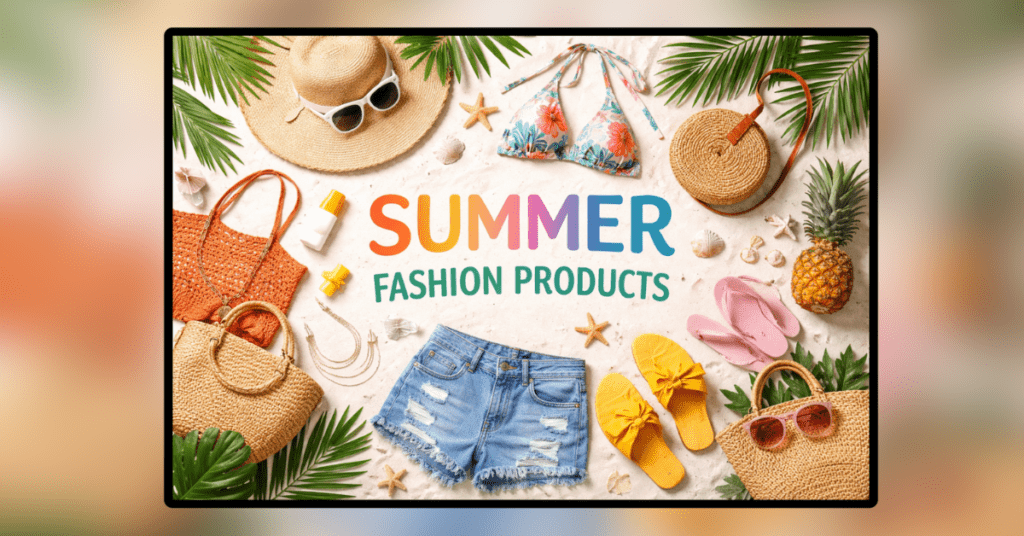 Summer Fashion Products गर्मी के मौसम के लिए फैशनेबल सनग्लासेस, हैट, चप्पल और बीच एक्सेसरीज़