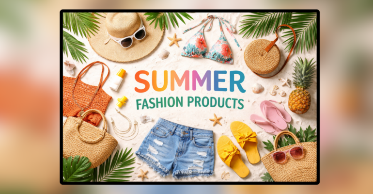 Summer Fashion Products गर्मी के मौसम के लिए फैशनेबल सनग्लासेस, हैट, चप्पल और बीच एक्सेसरीज़