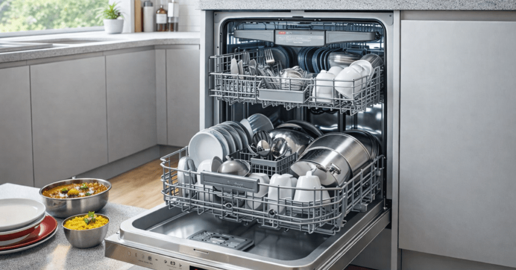 Dishwasher मशीन किचन में बर्तन साफ करते हुए