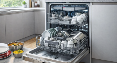 Dishwasher मशीन किचन में बर्तन साफ करते हुए