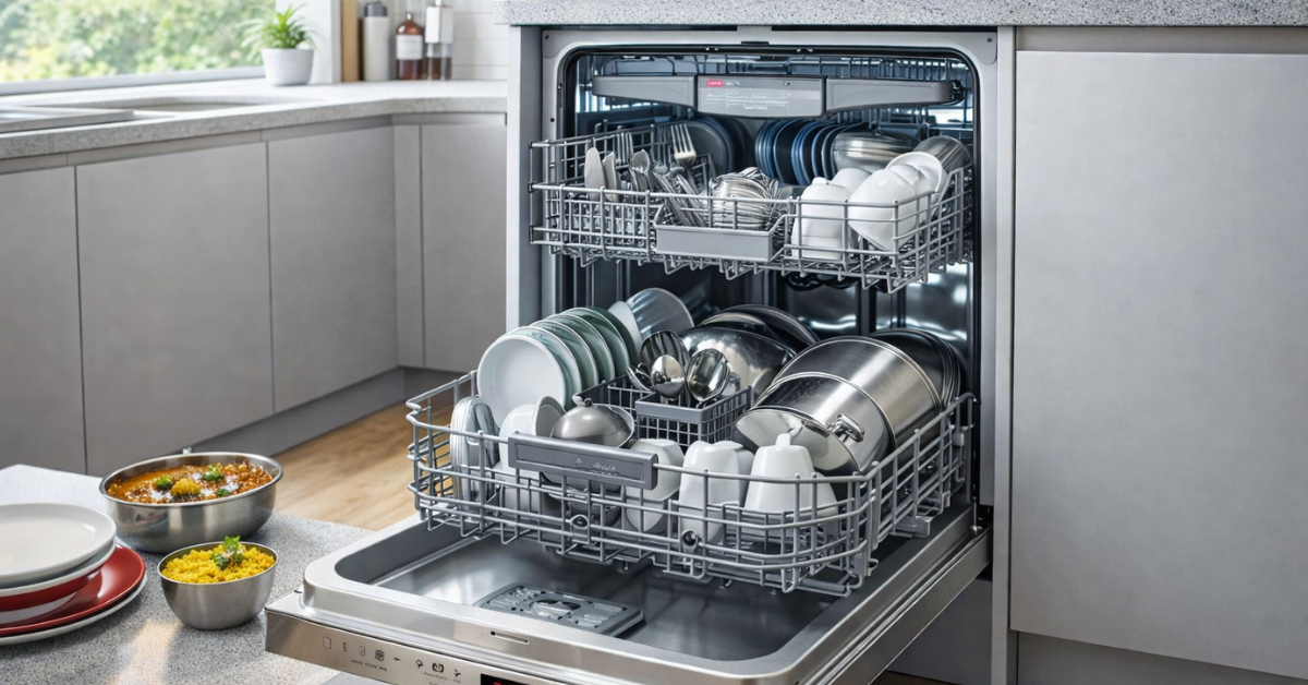Dishwasher मशीन किचन में बर्तन साफ करते हुए