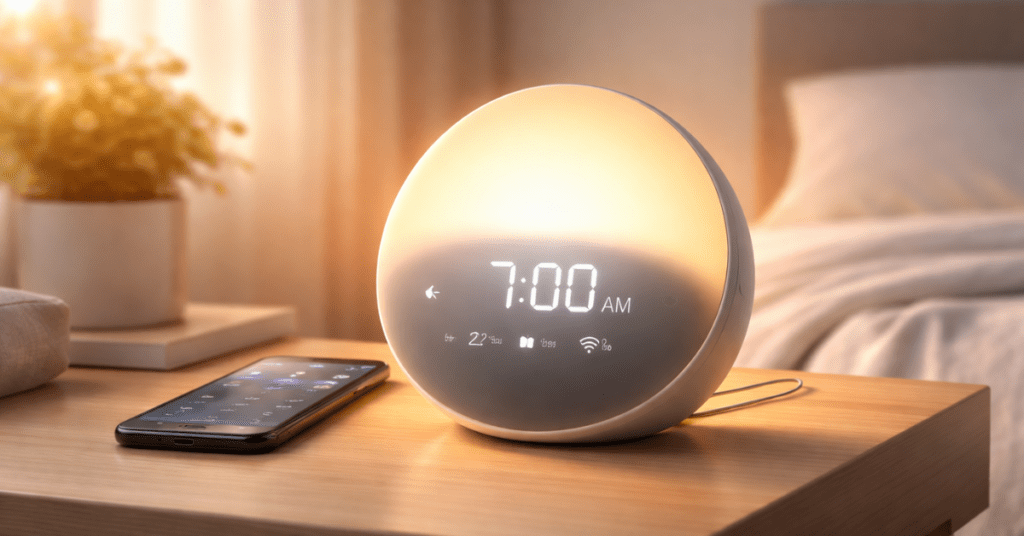Smart Alarm Clock with sunrise light on bedside table for better morning routine