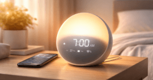 Smart Alarm Clock with sunrise light on bedside table for better morning routine