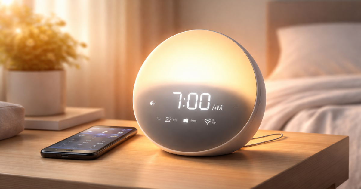Smart Alarm Clock with sunrise light on bedside table for better morning routine