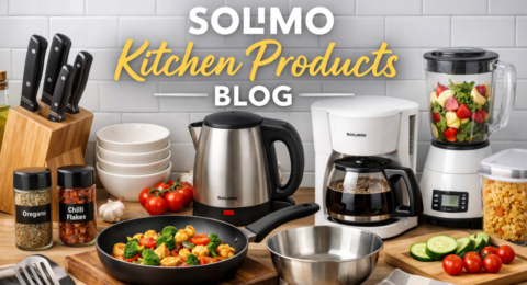 Solimo kitchen products jaise kettle mixer grinder cookware aur storage items kitchen counter par