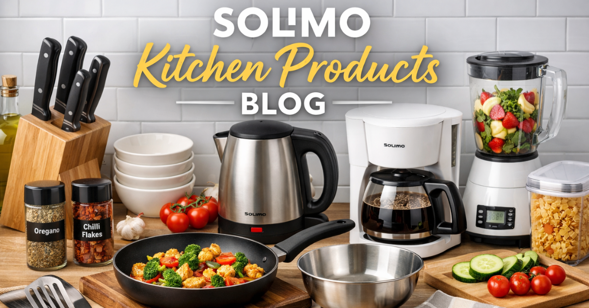 Solimo kitchen products jaise kettle mixer grinder cookware aur storage items kitchen counter par