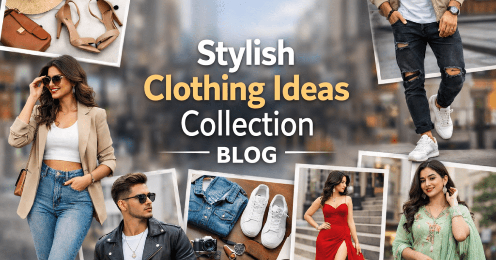 Stylish clothing ideas collection ब्लॉग बैनर जिसमें पुरुष और महिलाओं के ट्रेंडी फैशन आउटफिट्स दिखाए गए हैं