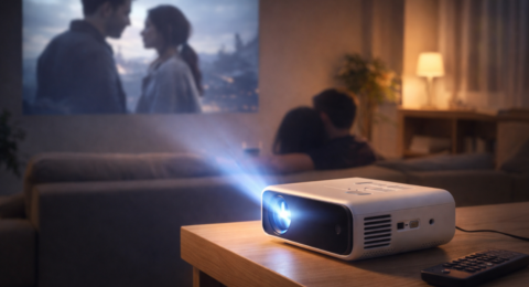 Mini Projector दीवार पर मूवी दिखाते हुए, घर पर होम थिएटर सेटअप