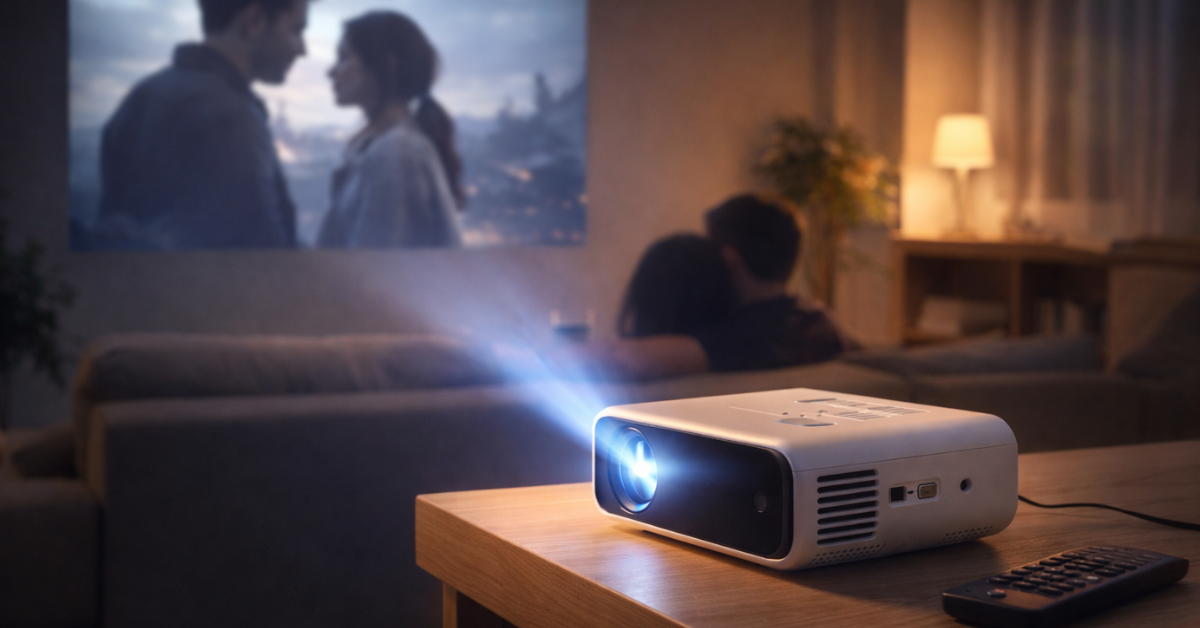 Mini Projector दीवार पर मूवी दिखाते हुए, घर पर होम थिएटर सेटअप