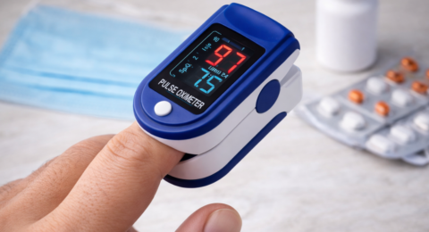 Pulse Oximeter जो ऑक्सीजन लेवल (SpO2) और पल्स रेट माप रहा है