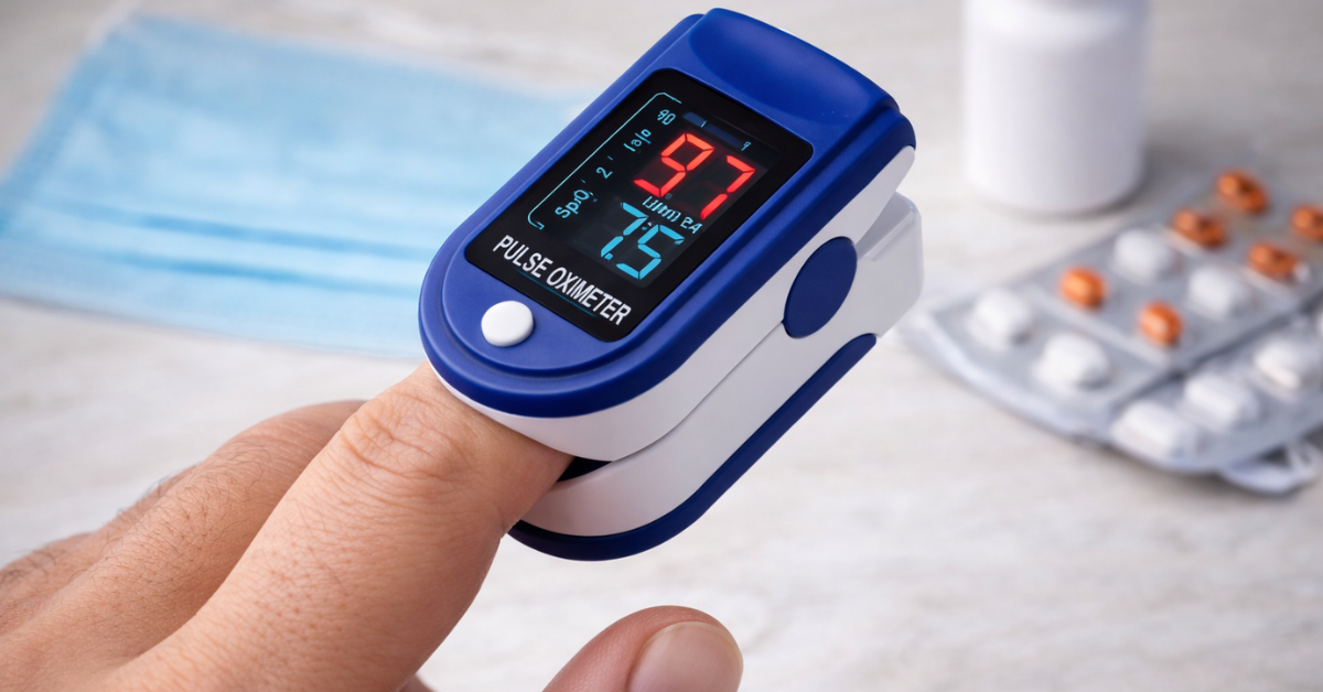 Pulse Oximeter जो ऑक्सीजन लेवल (SpO2) और पल्स रेट माप रहा है