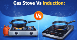 Gas Stove Vs Induction का तुलना चित्र जिसमें गैस स्टोव और इंडक्शन कुकटॉप का अंतर दिखाया गया है