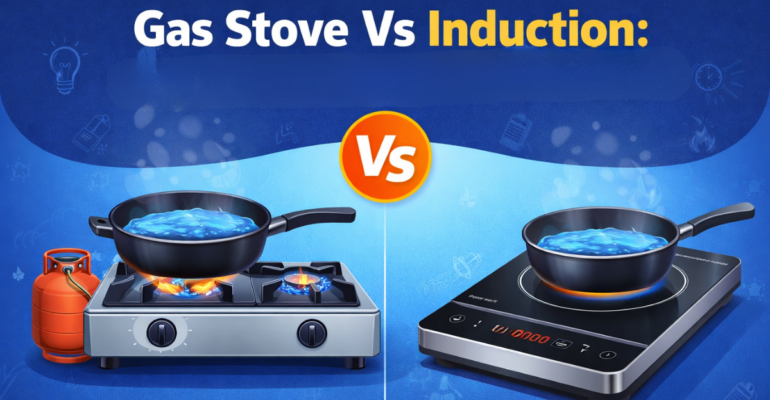 Gas Stove Vs Induction का तुलना चित्र जिसमें गैस स्टोव और इंडक्शन कुकटॉप का अंतर दिखाया गया है