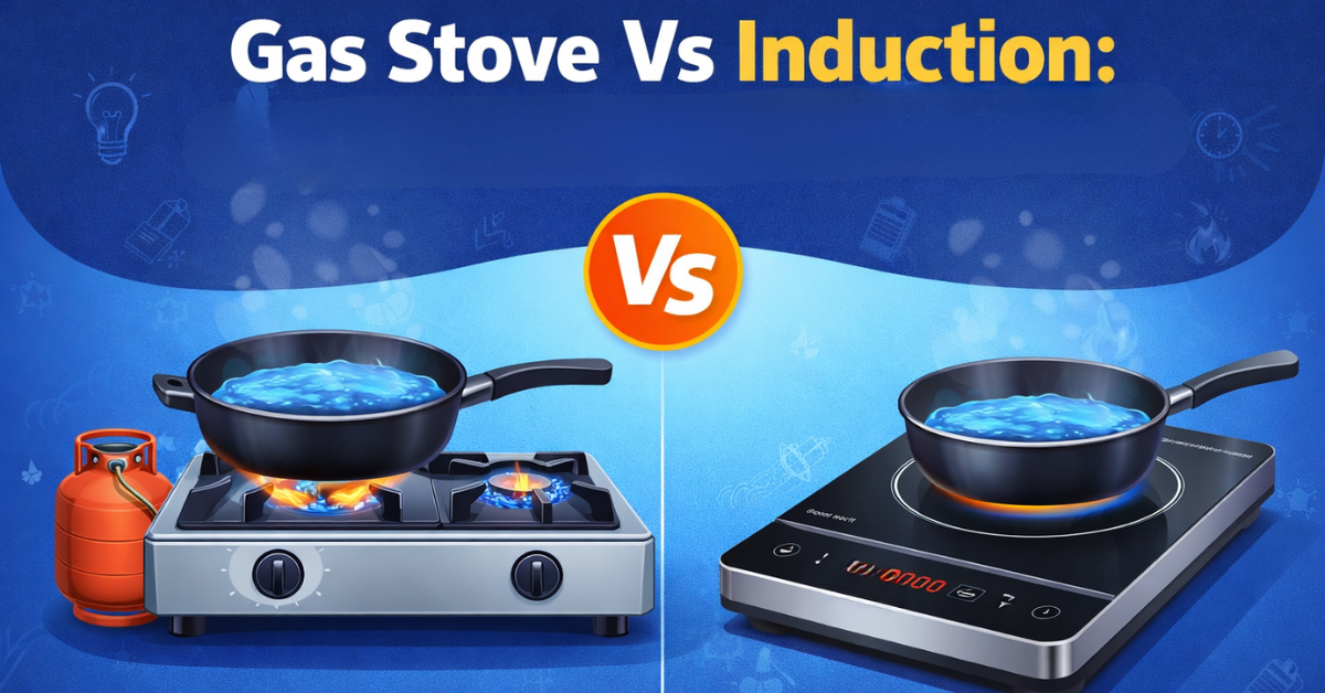 Gas Stove Vs Induction का तुलना चित्र जिसमें गैस स्टोव और इंडक्शन कुकटॉप का अंतर दिखाया गया है