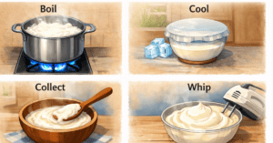 मलाई जमाने का तरीका स्टेप बाय स्टेप (Boil, Cool, Collect, Whip)
