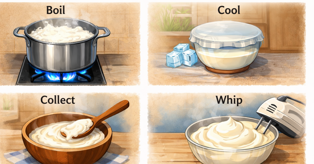 मलाई जमाने का तरीका स्टेप बाय स्टेप (Boil, Cool, Collect, Whip)