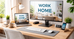 work from home setupघर से काम करने का सेटअप (Work From Home Setup) लैपटॉप और डुअल मॉनिटर के साथ