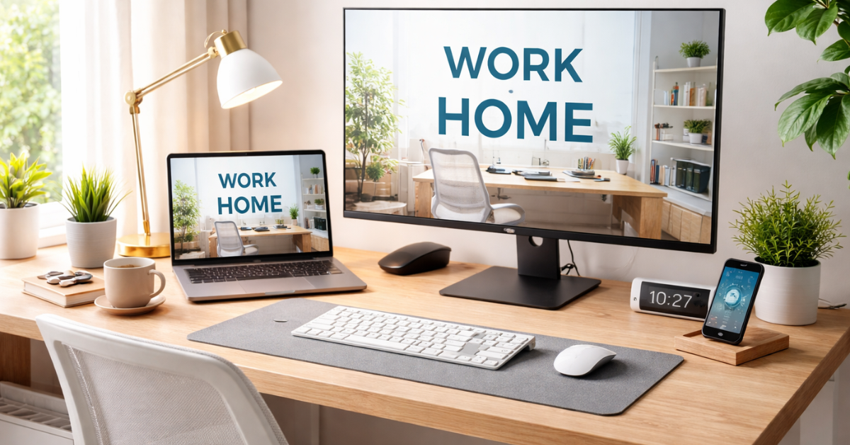 work from home setupघर से काम करने का सेटअप (Work From Home Setup) लैपटॉप और डुअल मॉनिटर के साथ