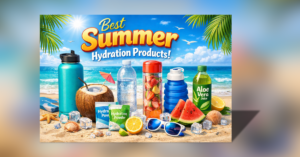 Summer Hydration Products गर्मियों में शरीर को हाइड्रेट रखने वाले प्रोडक्ट जैसे पानी की बोतल, नारियल पानी, इलेक्ट्रोलाइट पाउडर और फ्रूट इन्फ्यूज्ड वाटर