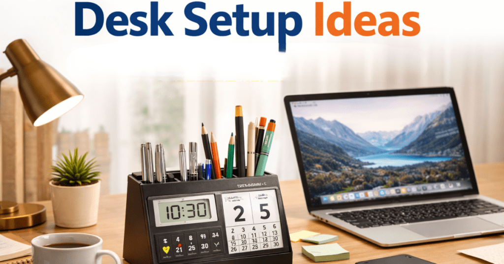 Desk Setup Ideas के लिए stylish pen holder के साथ modern desk setup