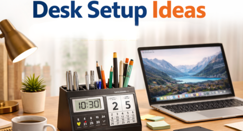 Desk Setup Ideas के लिए stylish pen holder के साथ modern desk setup