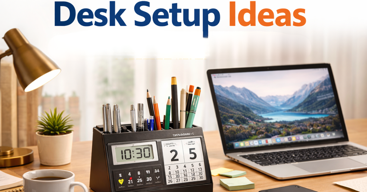 Desk Setup Ideas के लिए stylish pen holder के साथ modern desk setup