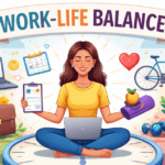 Work Life Balance वर्क लाइफ बैलेंस का चित्र जिसमें काम और व्यक्तिगत जीवन के बीच संतुलन दिखाया गया है