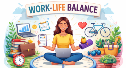 Work Life Balance वर्क लाइफ बैलेंस का चित्र जिसमें काम और व्यक्तिगत जीवन के बीच संतुलन दिखाया गया है