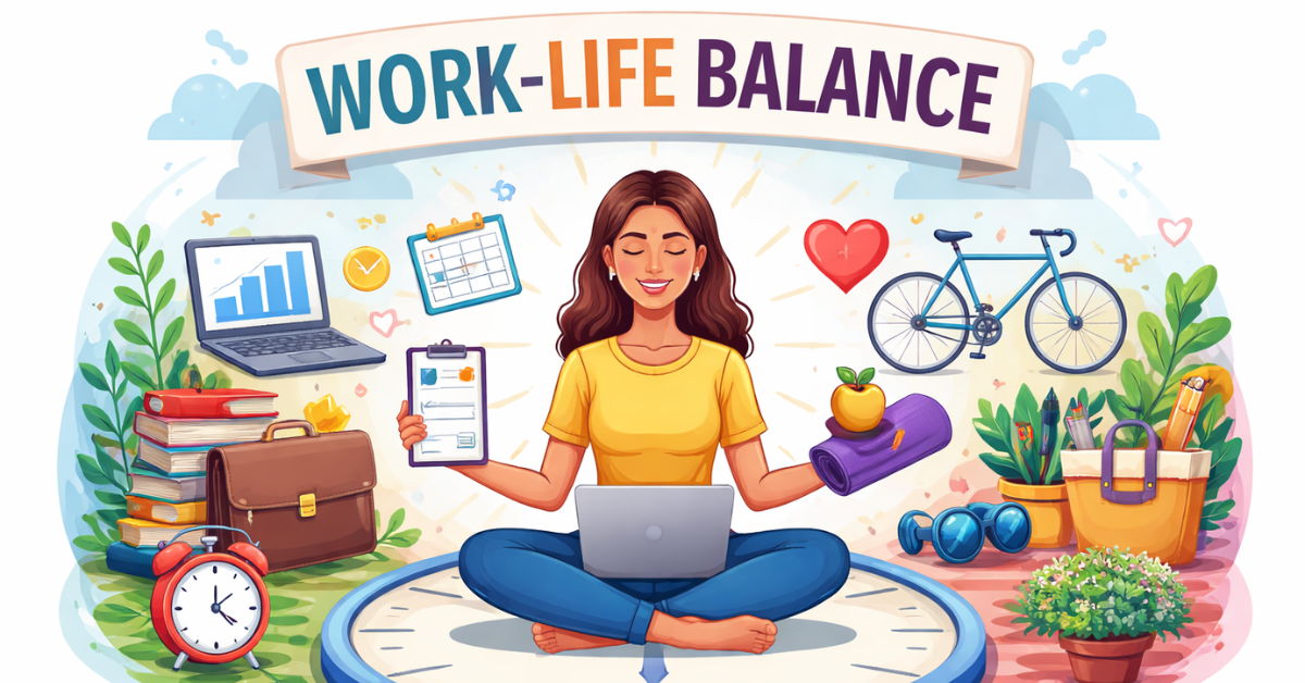 Work Life Balance वर्क लाइफ बैलेंस का चित्र जिसमें काम और व्यक्तिगत जीवन के बीच संतुलन दिखाया गया है