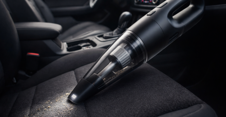 Car Vacuum Cleaner से कार की सफाई करते हुए