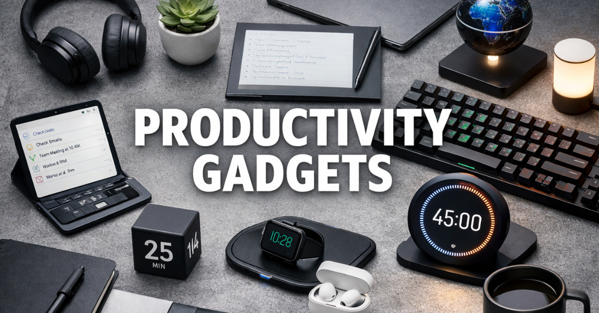 Productivity Gadgets for smart work setup including keyboard, smartwatch and desk accessories