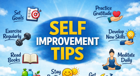 Self Improvement Tips से जुड़ी इमेज जिसमें लक्ष्य बनाना, व्यायाम, पढ़ाई और सकारात्मक सोच दिखाई गई है