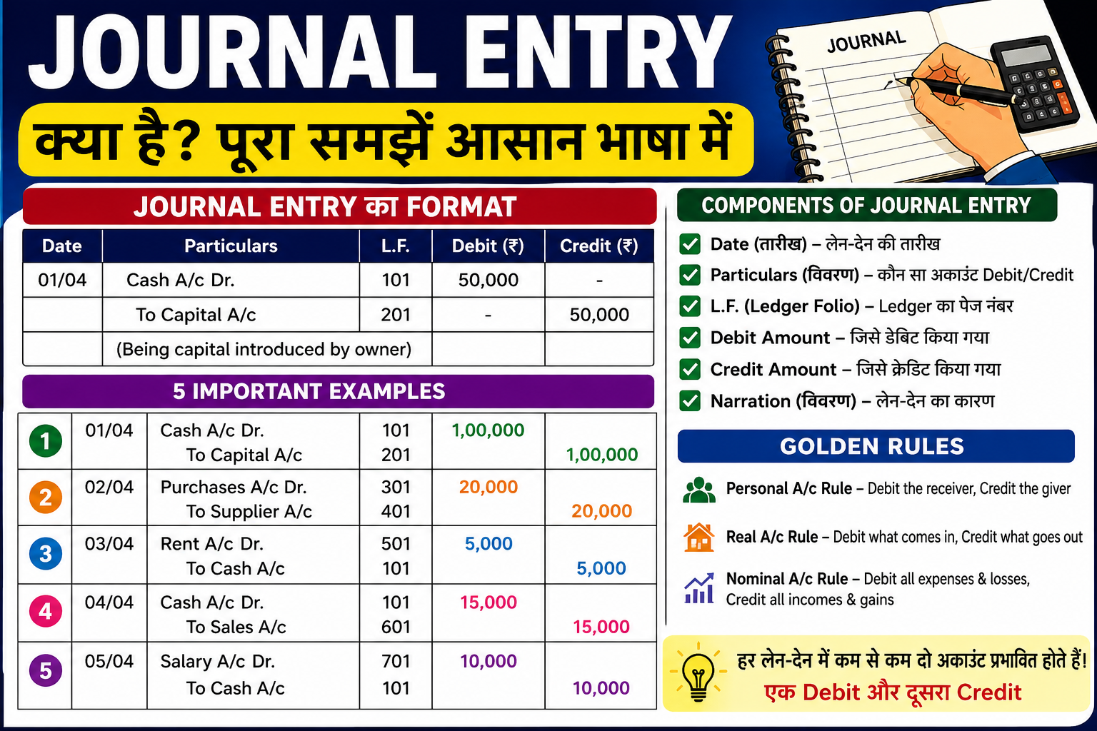 Journal Entry and Ledger format explained with examples in easy Hindi language