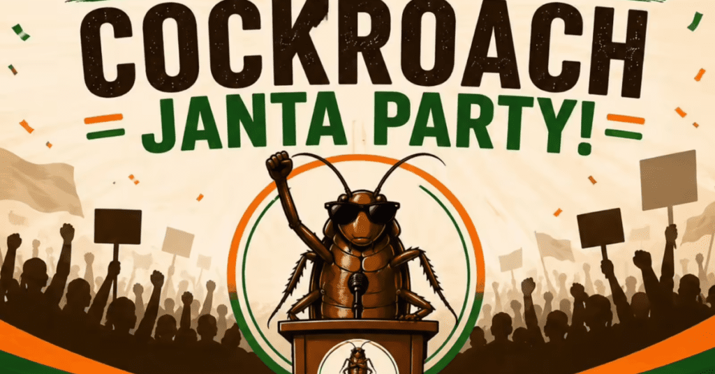 Cockroach Janta Party से जुड़ी जानकारी दिखाता हुआ प्रतिनिधिक चित्र, जिसमें पार्टी की चर्चा और इश्क करो पार्टी से संबंधित विषय को दर्शाया गया है।