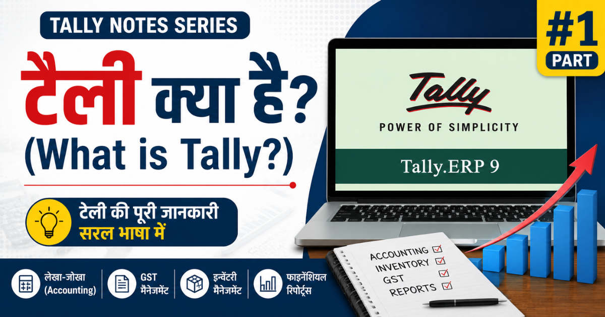 टैली क्या है (What is Tally?) से संबंधित शैक्षिक थंबनेल, जिसमें Tally ERP 9, अकाउंटिंग, GST, इन्वेंट्री मैनेजमेंट और वित्तीय रिपोर्ट्स की जानकारी दिखाई गई है।